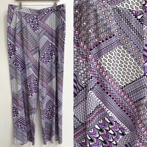 d&co Beach purple white wide leg stretch jersey knit pull on pants XL tall
